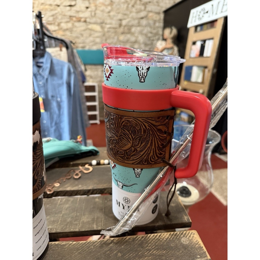 Western Turquoise Cactus Longhorn Travel Tumbler 40oz Stainless Insulated - Picture 7 of 9